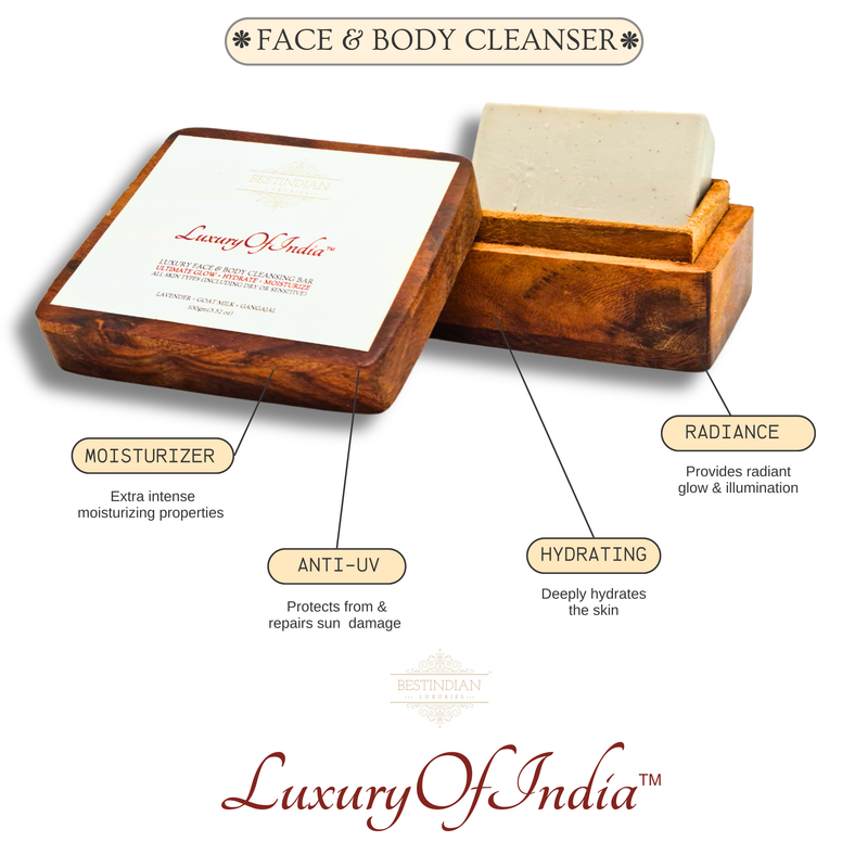 An infographic detailing the benefits of the Luxury of India hydrating soap, which acts as an intense moisturizer for dry skin and provides anti-UV protection.