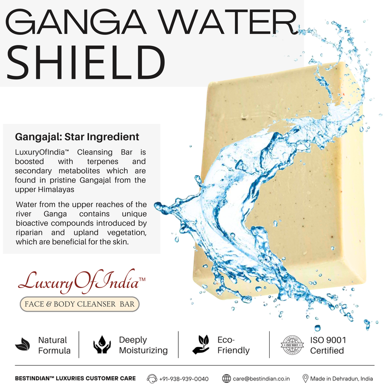 An image illustrating the Ganga Water Shield in the Luxury of India hydrating soap, highlighting its natural and deeply moisturizing formula.
