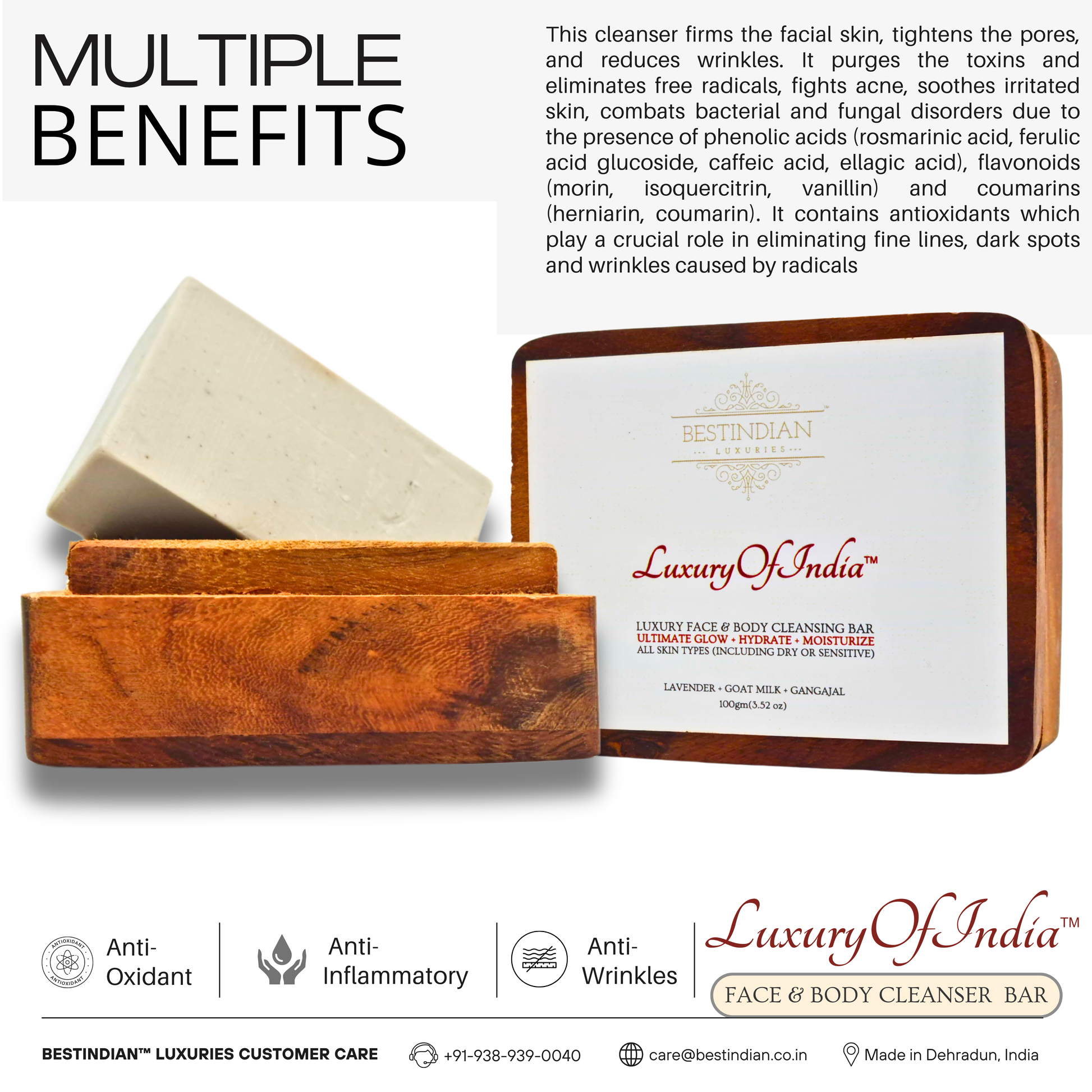 An infographic showing the multiple benefits of the Luxury of India lavender soap, including its anti-wrinkle, anti-inflammatory, and antioxidant properties.