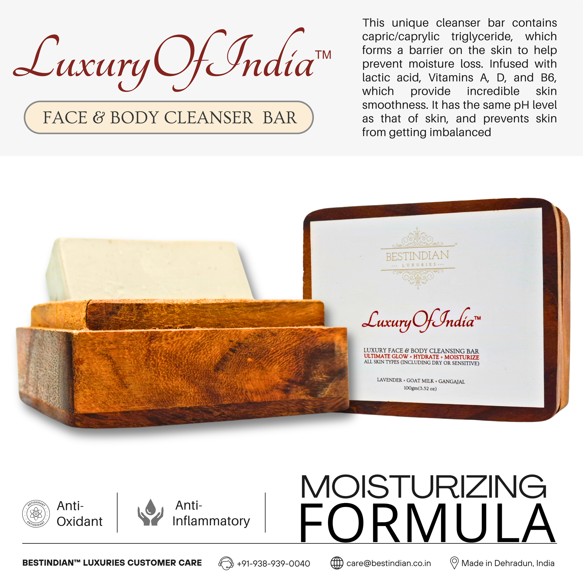 Detailing the moisturizing formula of Luxury of India soap, which forms a barrier to prevent moisture loss and maintains the skin's pH, making it the best soap for sensitive skin.
