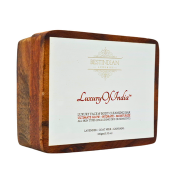 The Luxury of India moisturizing soap, with calming Lavender and Goat Milk for dry or sensitive skin, presented in its premium wooden box.