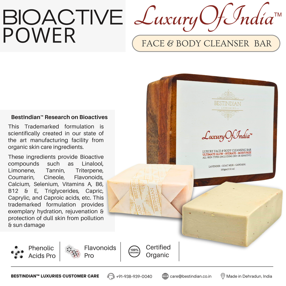 Detailing the bioactive power of the certified organic Luxury of India soap, whose formulation provides exemplary hydration and rejuvenation for dry skin.