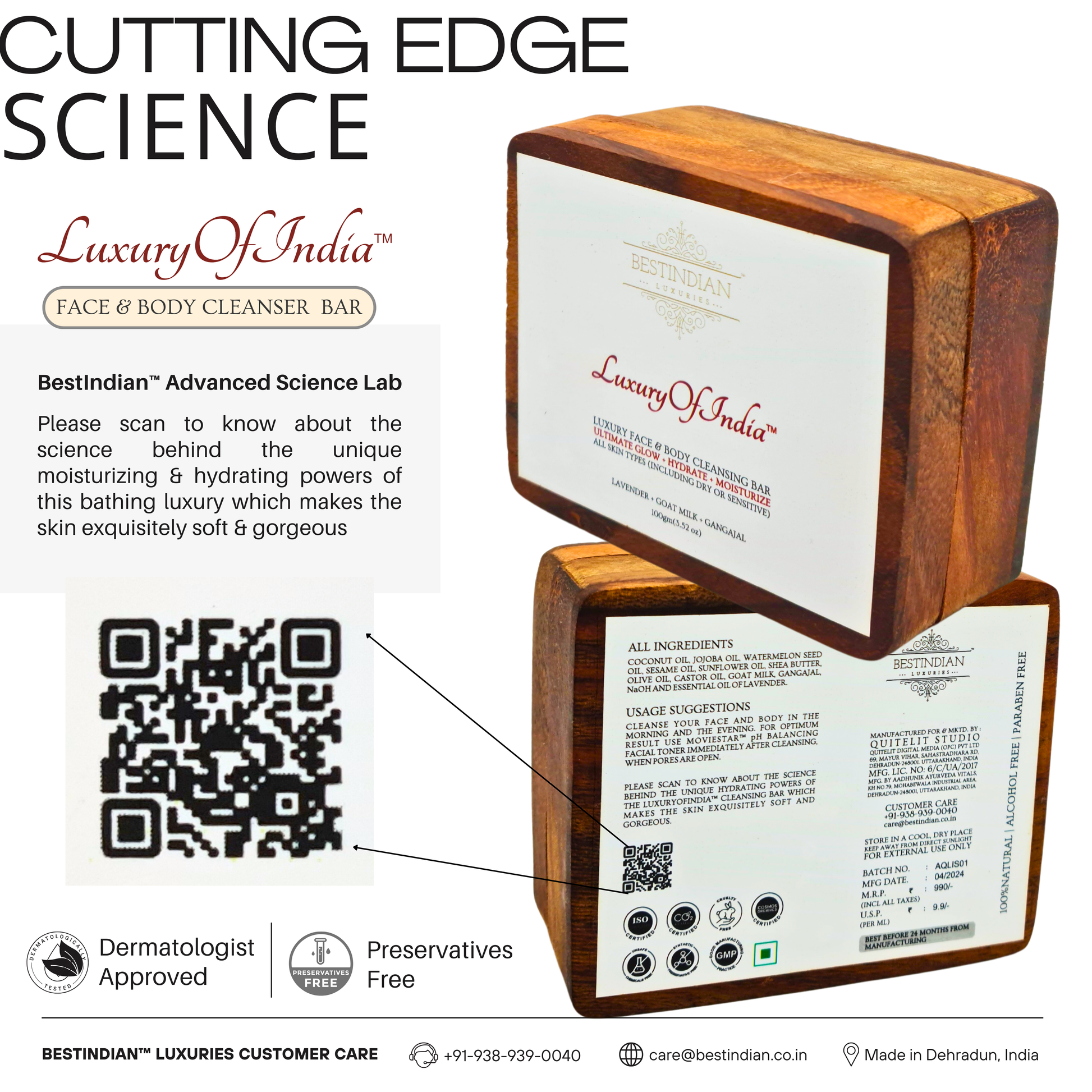 Showcasing the cutting-edge science behind the dermatologist-approved Luxury of India soap, with a QR code to learn about its unique moisturizing and hydrating powers.