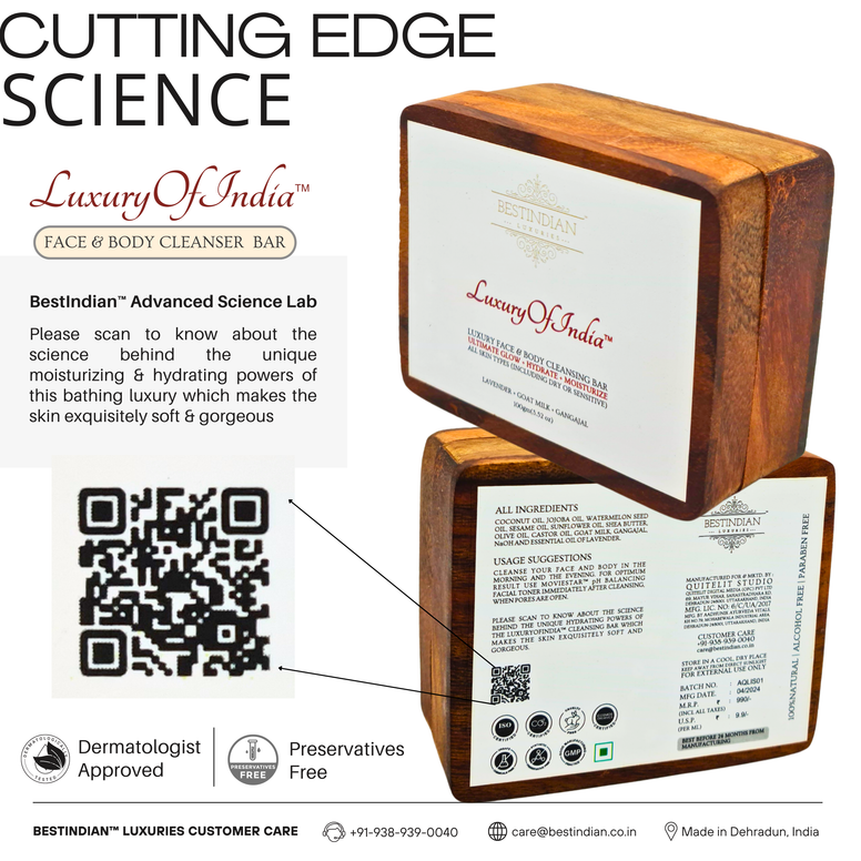 Showcasing the cutting-edge science behind the dermatologist-approved Luxury of India soap, with a QR code to learn about its unique moisturizing and hydrating powers.