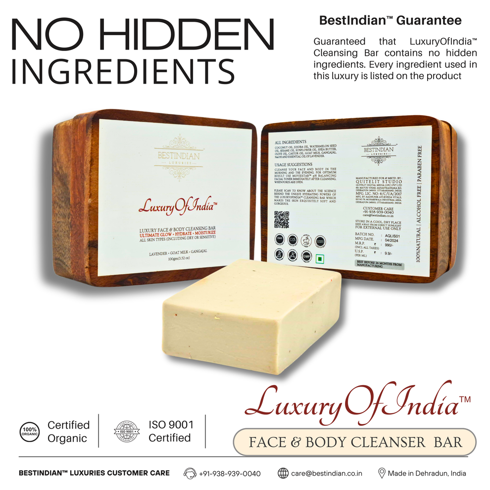 An infographic for Luxury of India soap guaranteeing no hidden ingredients, making it the best soap for sensitive skin, with its certified organic icon shown.