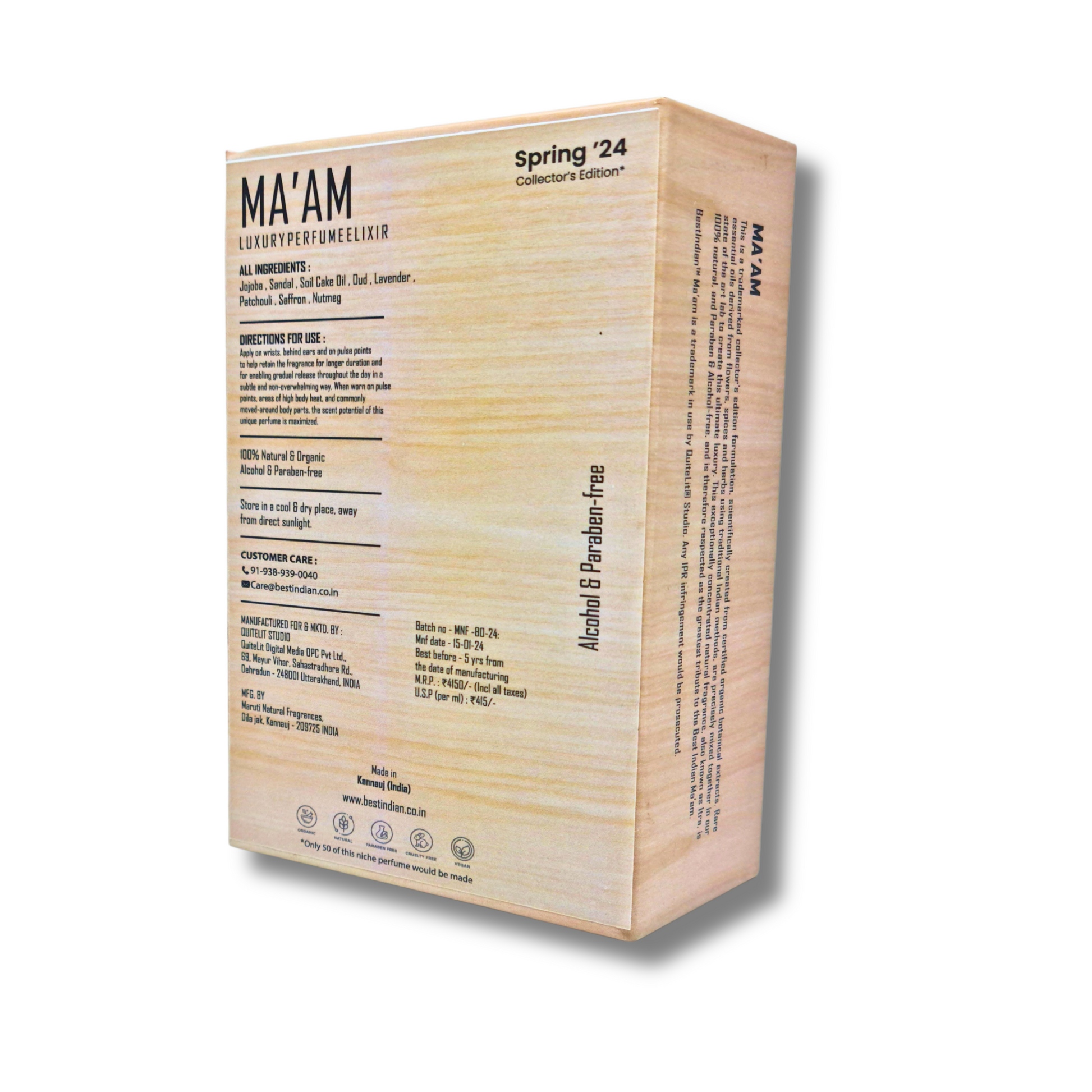 Reverse side of beautiful wooden-style cardboard presentation box for Best Indian Perfume for women- Ma'am Elixir Alcohol-free Perfume.