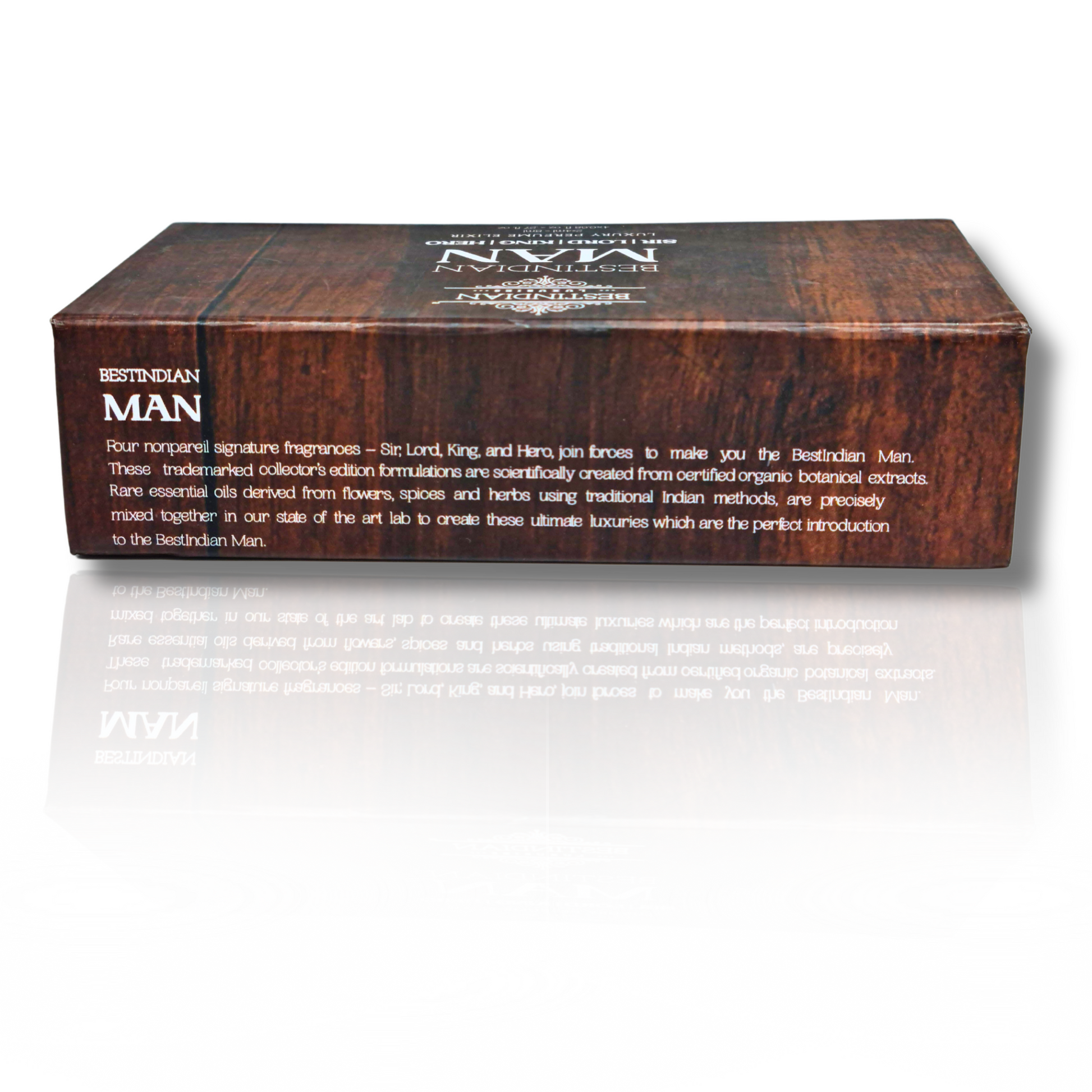 Dark wood-style cardboard box for the BestIndian™ Man Perfume Elixir discovery set.