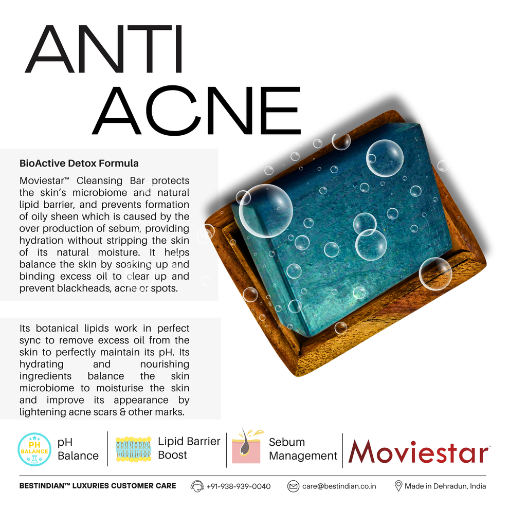 An image promoting the anti-acne benefits of the Movie star soap, focusing on its bioactive detox formula for sebum management and lipid barrier support.