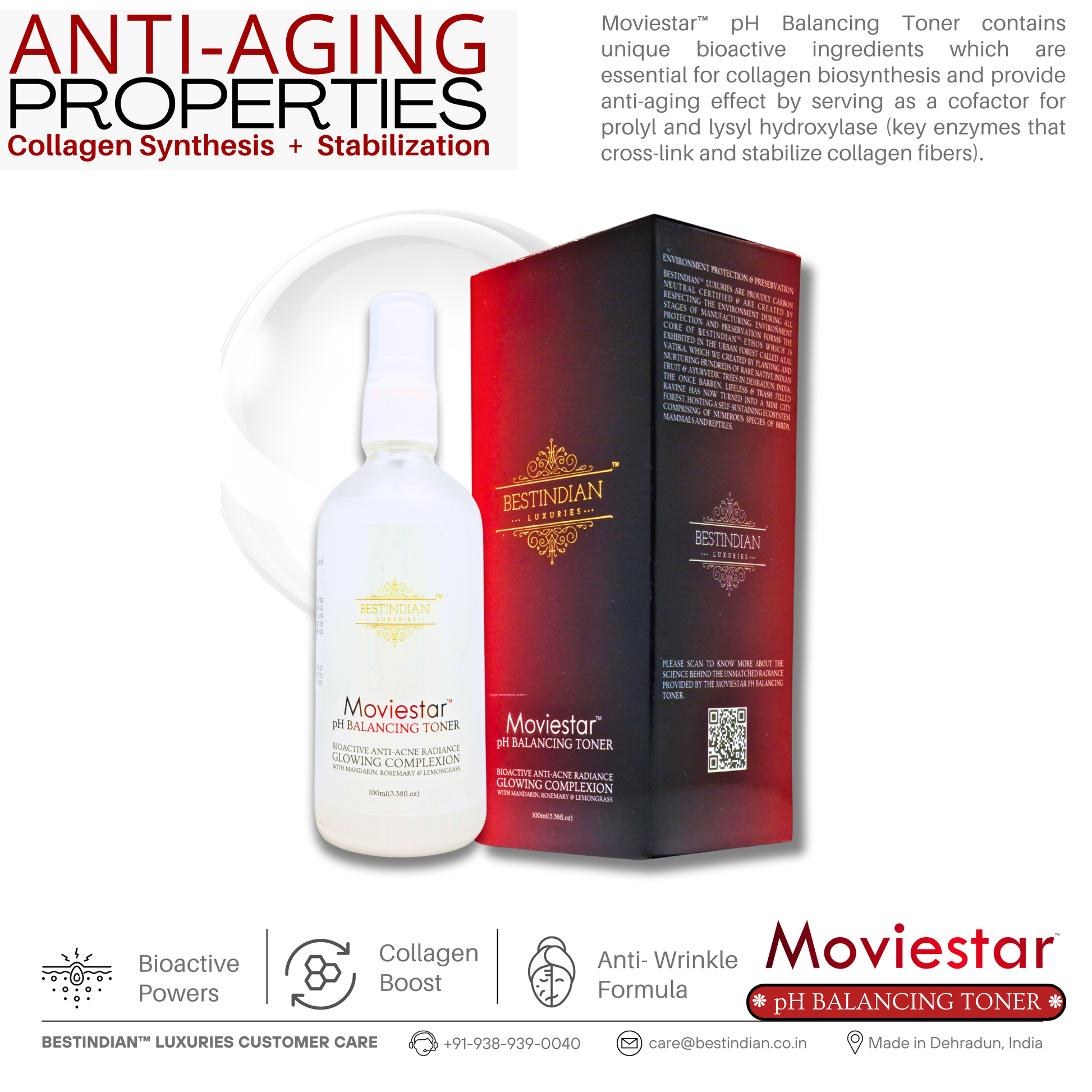 The Movie star pH Balancing Toner bottle and premium box by BestIndian, highlighting anti-aging properties, collagen synthesis, and advanced bioactive powers for skin firming and wrinkle reduction.