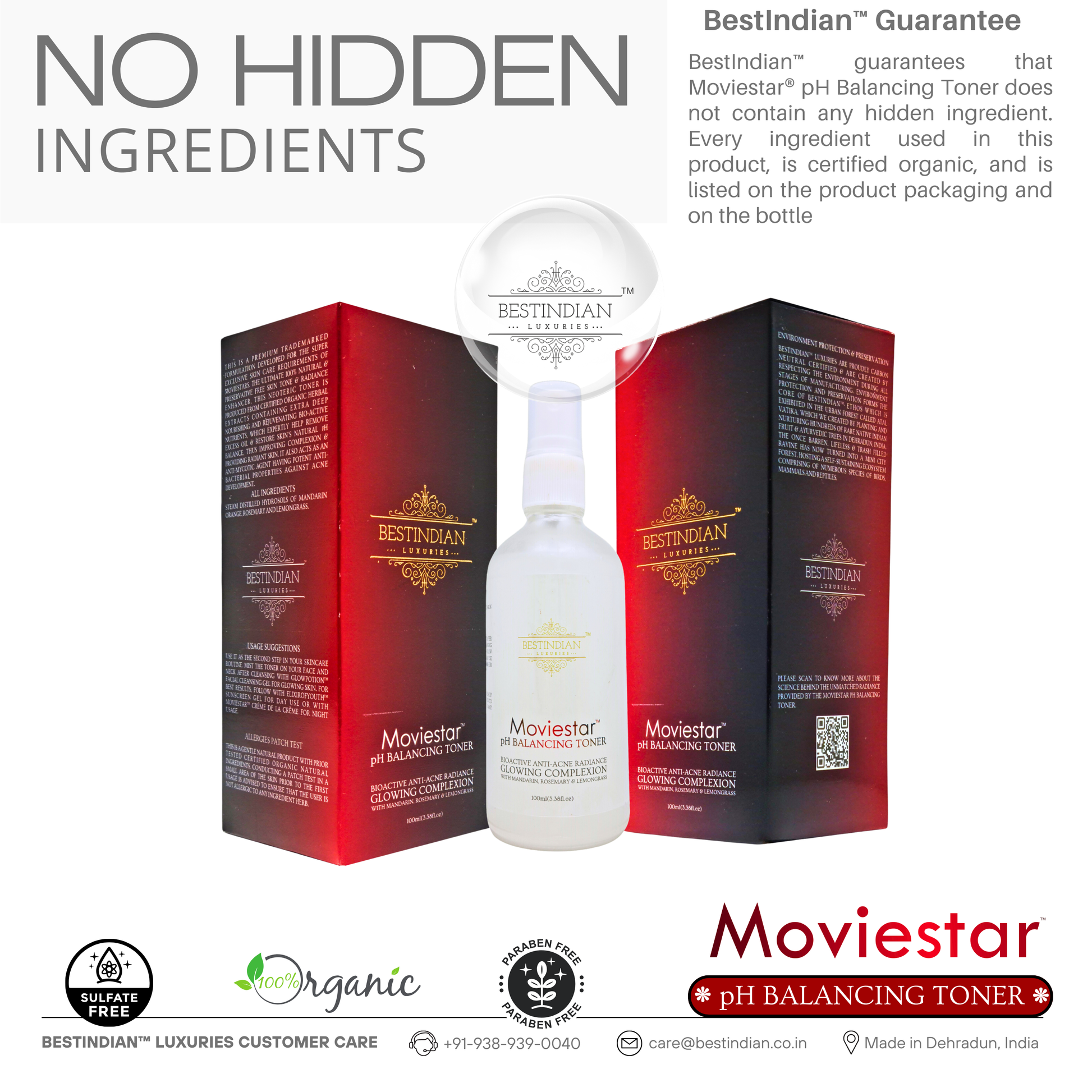 A showcase of Movie star pH Balancing Toner by BestIndian, flanked by its premium red and gold packaging, highlighting the brand’s guarantee of no hidden ingredients and certified organic formulation.