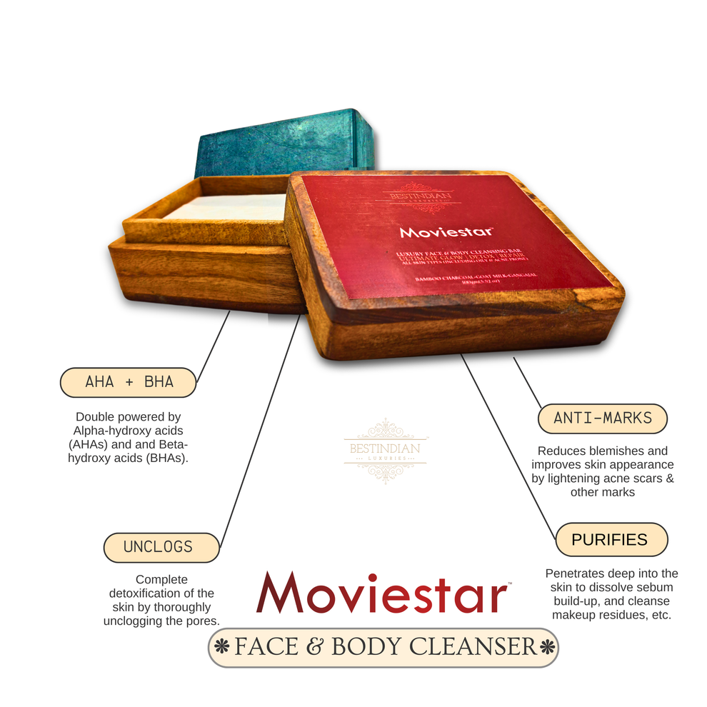 Infographic showing the AHA BHA rich Moviestar activated charcoal soap, and its benefits which include unclogging pores, purifying skin, and lightening acne scars.