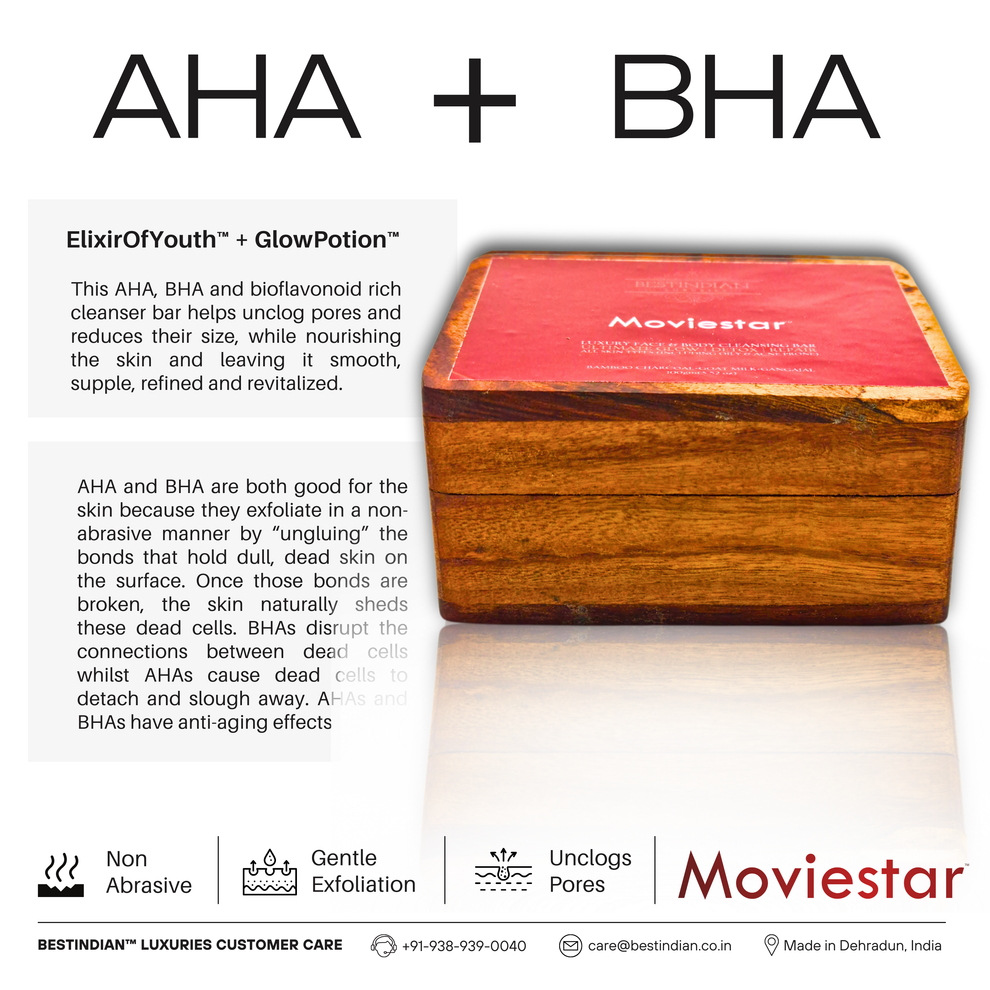 An infographic explaining the benefits of the AHA BHA soap formula in the Moviestar™ bar by BestIndian, highlighting gentle exfoliation and its ability to unclog pores.