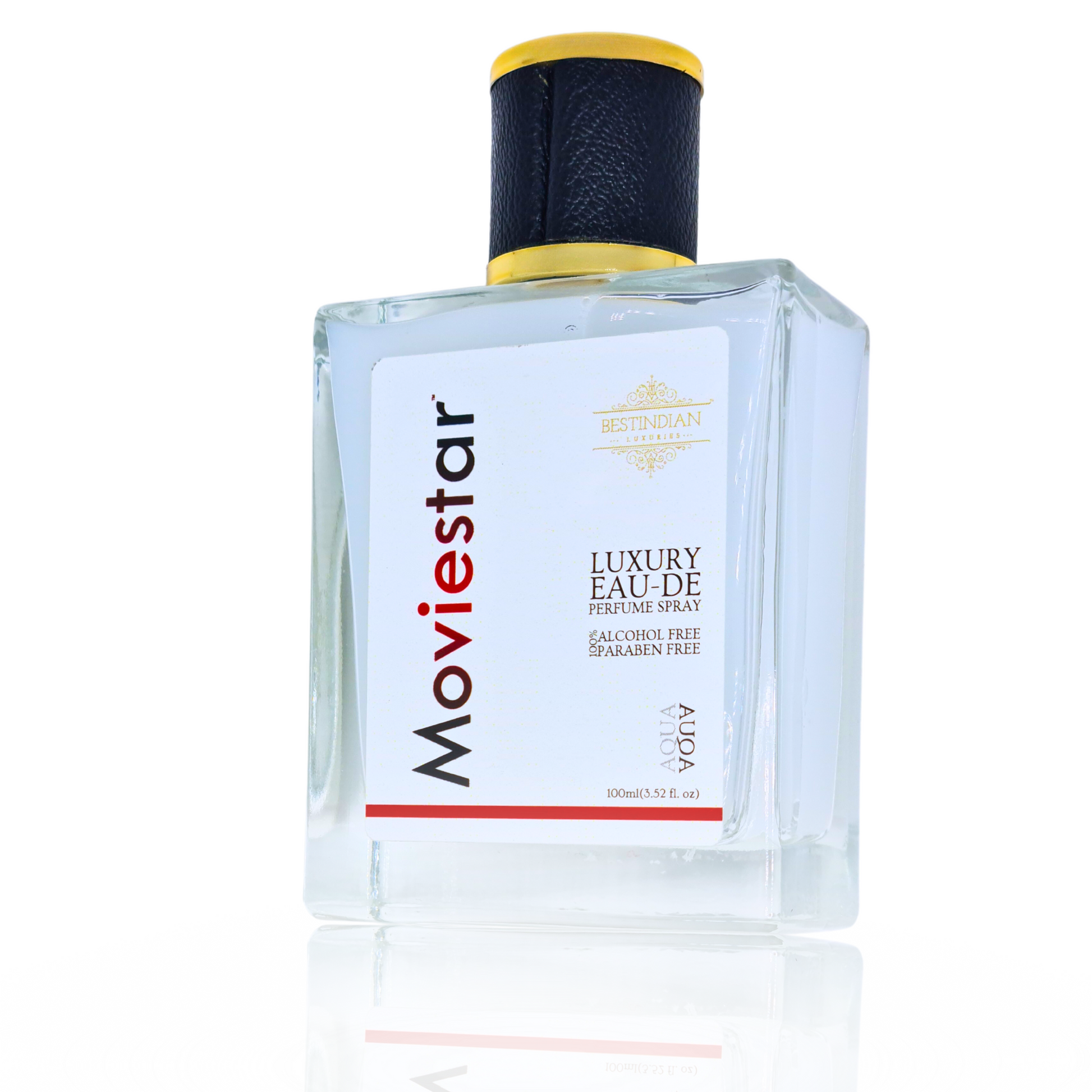 Transparent glass spray bottle of Moviestar™ Aqua Eau de Parfum by BestIndian™ fresh perfume.
