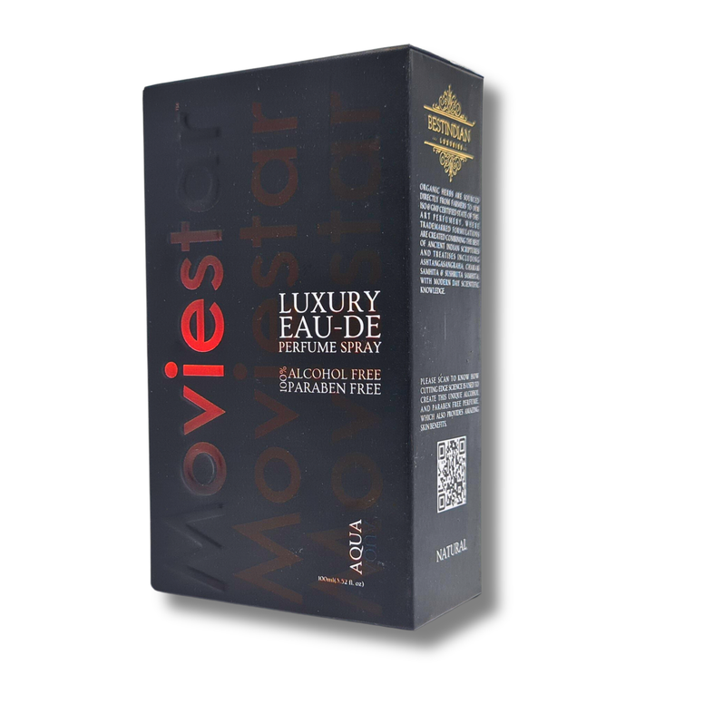 Black themed packaging for Moviestar™ Aqua EDP by BestIndian™, 'Moviestar' logo in red-black gradient, front profile view.
