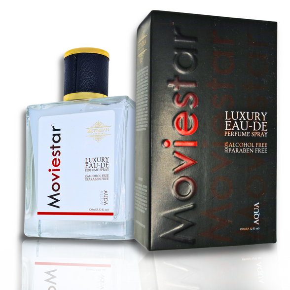 Moviestar™ Aqua Eau de Parfum bottle by BestIndian™ shown with its black gradient themed packaging. Alcohol-free perfume.