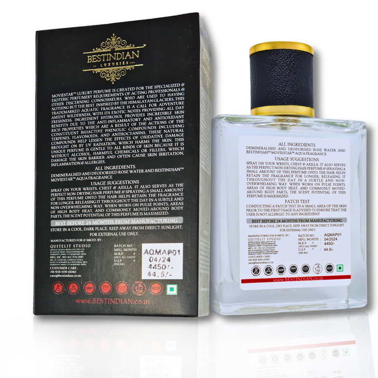 Unisex glacial Moviestar™ Aqua perfume and the reverse side of its signature black gradient box by BestIndian™.
