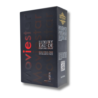 Moviestar™ Aqua EDP bottle showcasing its alcohol-free, oceanic perfume spray for men and women with fresh glacial aroma and luxury packaging.


