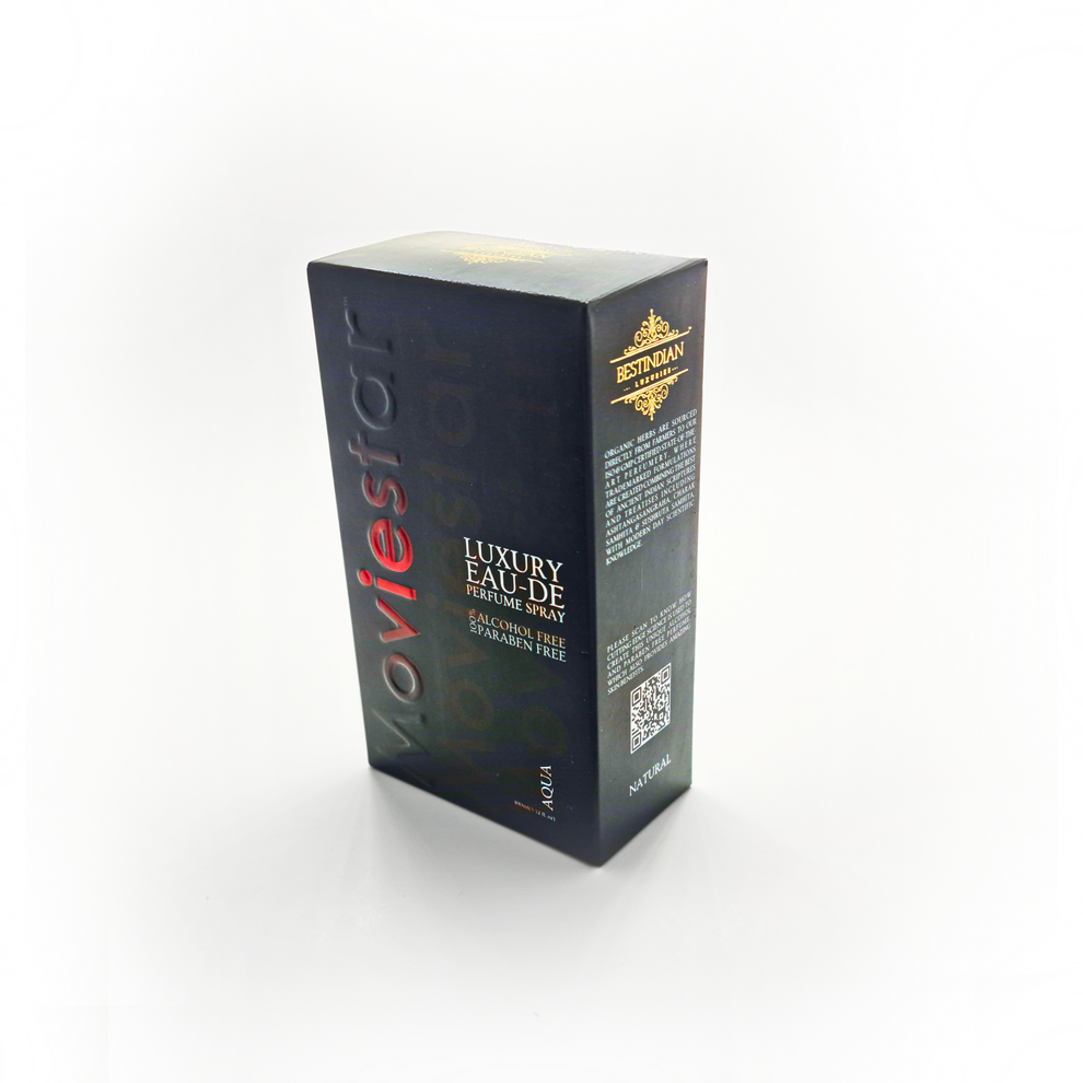 Top-down photo of Moviestar™ Aqua Himalayan perfume spray luxury black box, featuring pure alcohol-free and paraben-free formula for invigorating, oceanic freshness crafted in Dehradun.