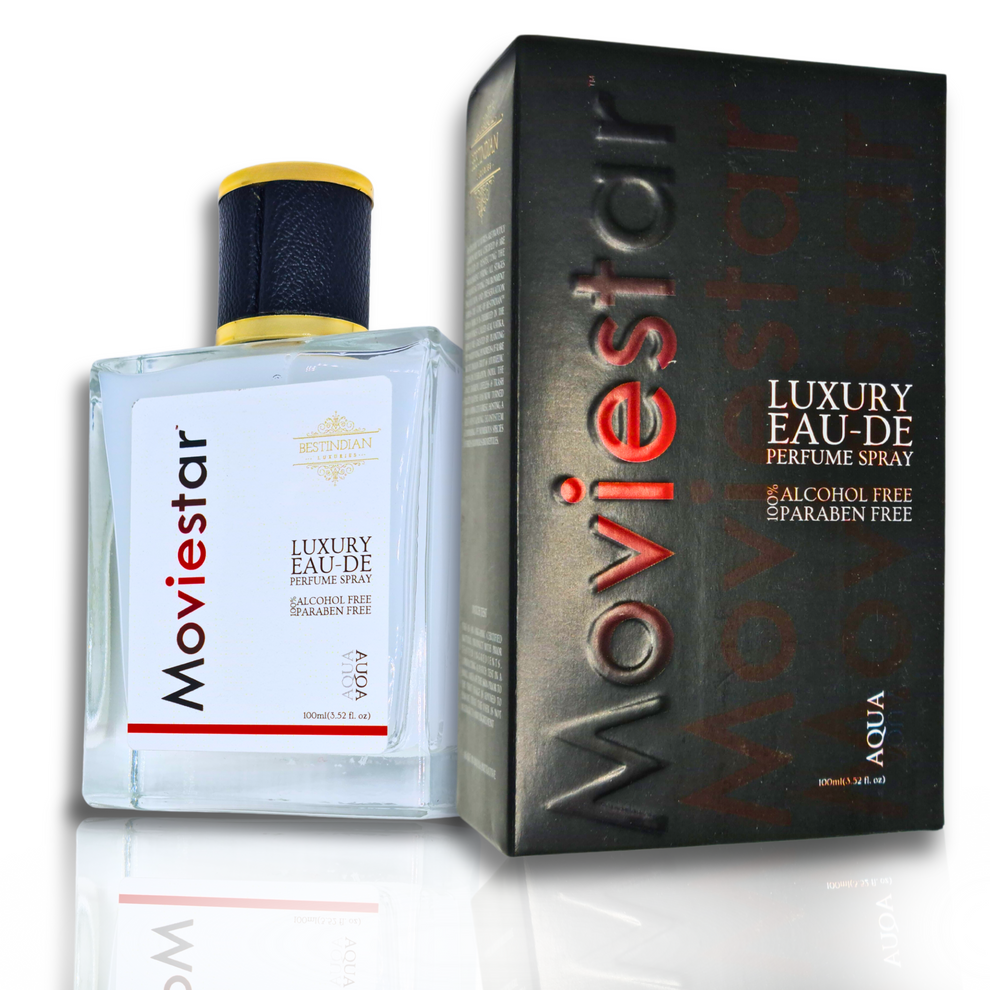 Moviestar™ Aqua oceanic perfume spray by BestIndian™ with striking black and gold packaging alongside the clear bottle, showcasing 100ml alcohol-free EDP with invigorating aquatic notes, antioxidant benefits, and pro-skin formula for all genders.