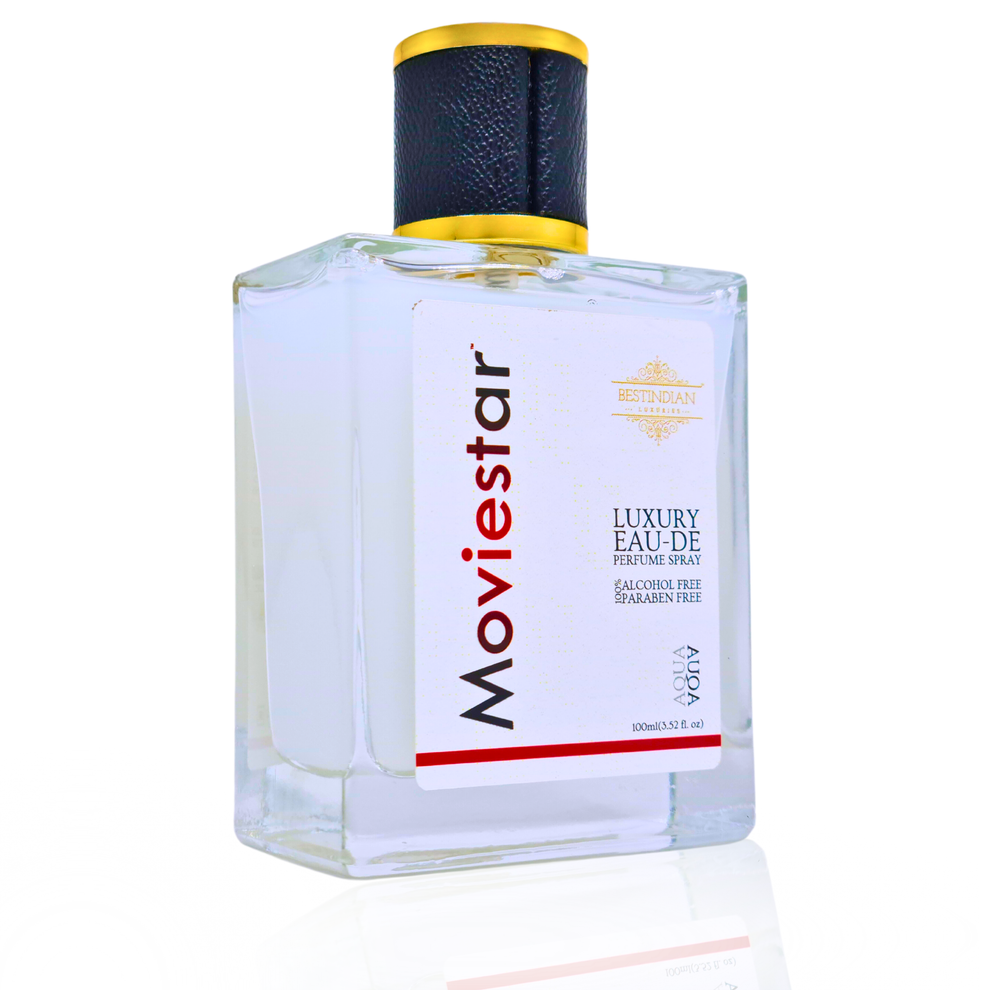 Clear view of Moviestar™ Aqua unisex fresh perfume spray bottle with gold cap and elegant label, featuring rose water base and pro-skin antioxidant benefits for a long-lasting aquatic fragrance inspired by Himalayan purity.