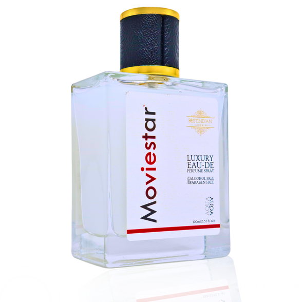 Clear view of Moviestar™ Aqua unisex fresh perfume spray bottle with gold cap and elegant label, featuring rose water base and pro-skin antioxidant benefits for a long-lasting aquatic fragrance inspired by Himalayan purity.