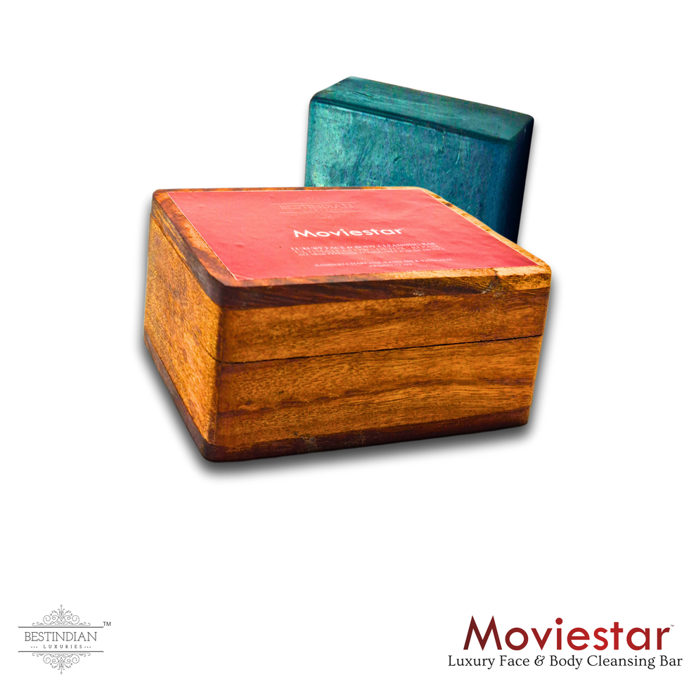 A product shot of the best charcoal soap Moviestar by BestIndian™, suitable for oily and acne-prone skin, with its wooden box.