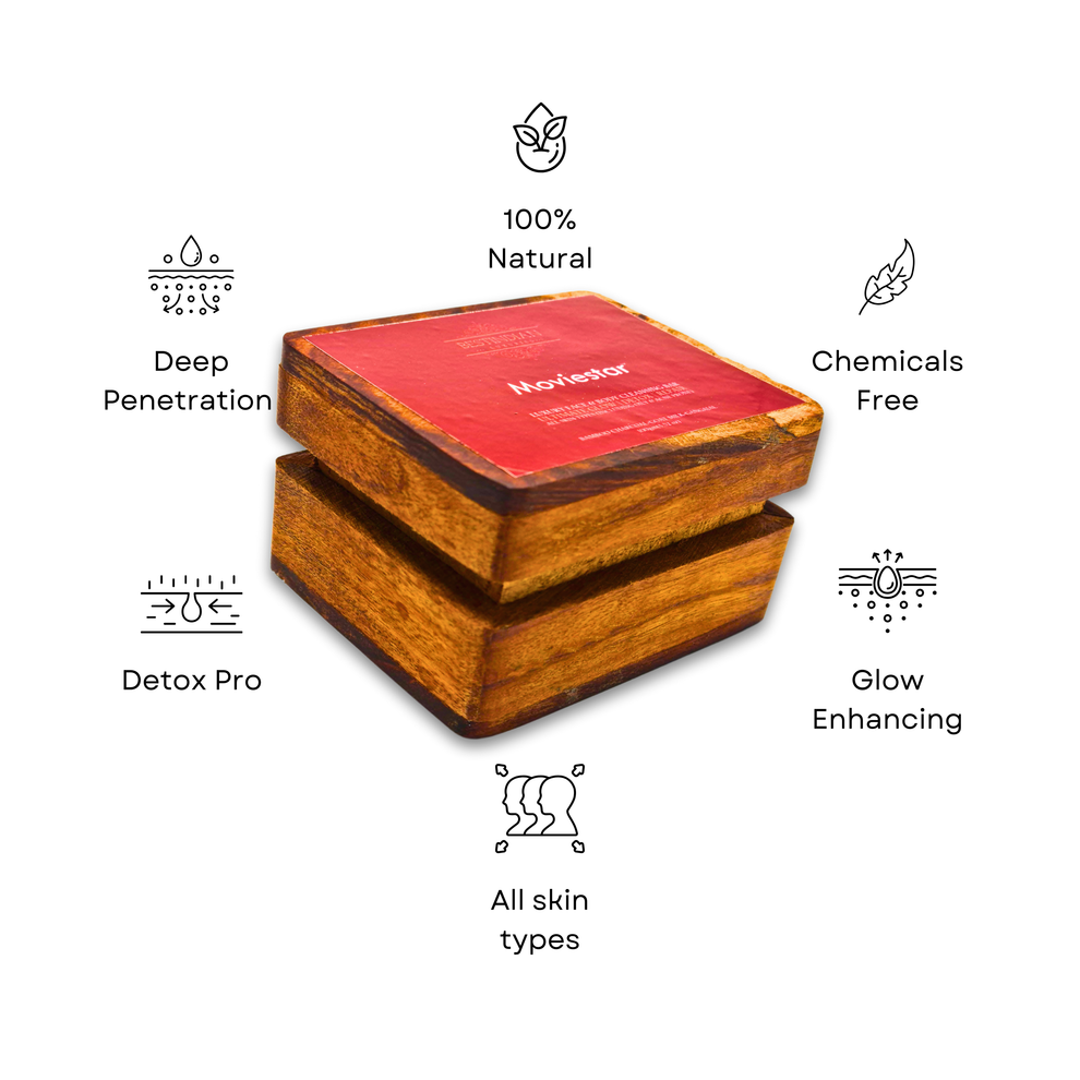 Wooden case of the best detox soap Moviestar seen surrounded by icons highlighting its key benefits: 100% natural, chemical-free, deep penetration, and glow enhancing for all skin types.