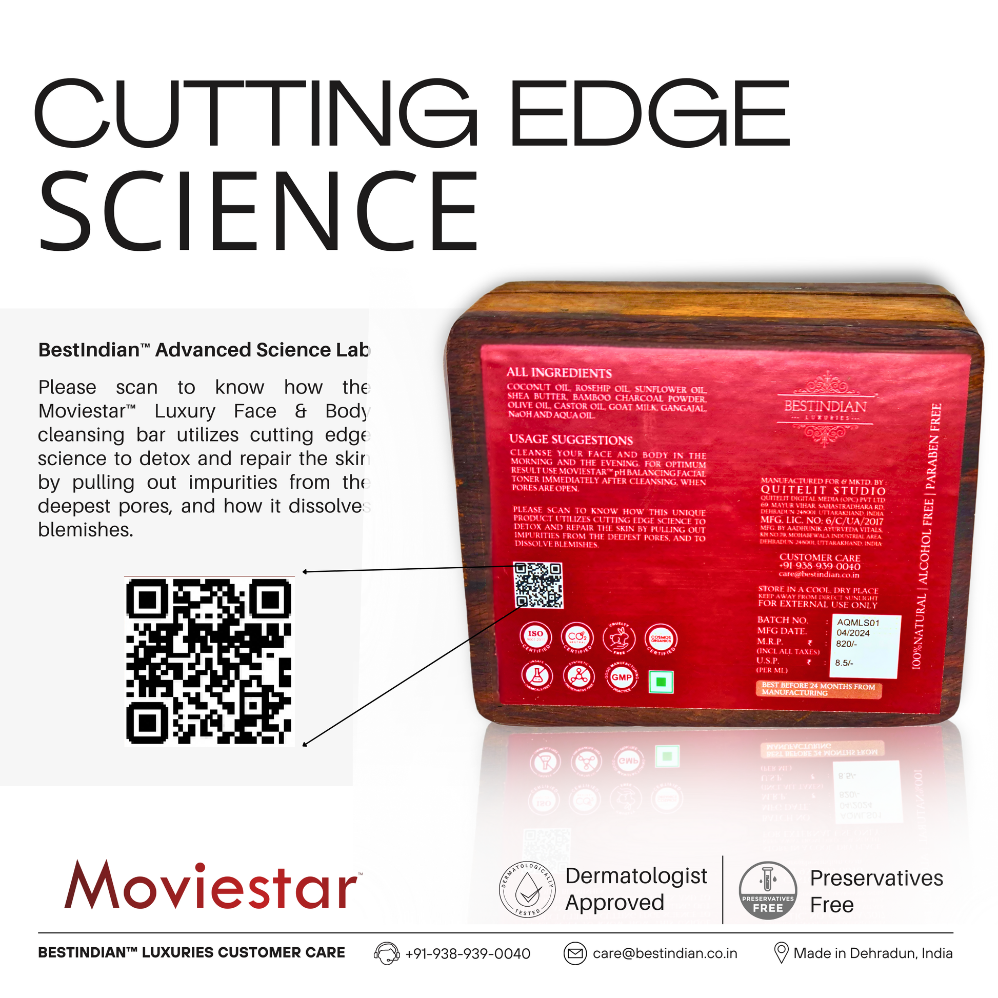 The back of the Moviestar™ charcoal soap box, showing the full ingredients list and its dermatologist approved, preservative-free certifications.