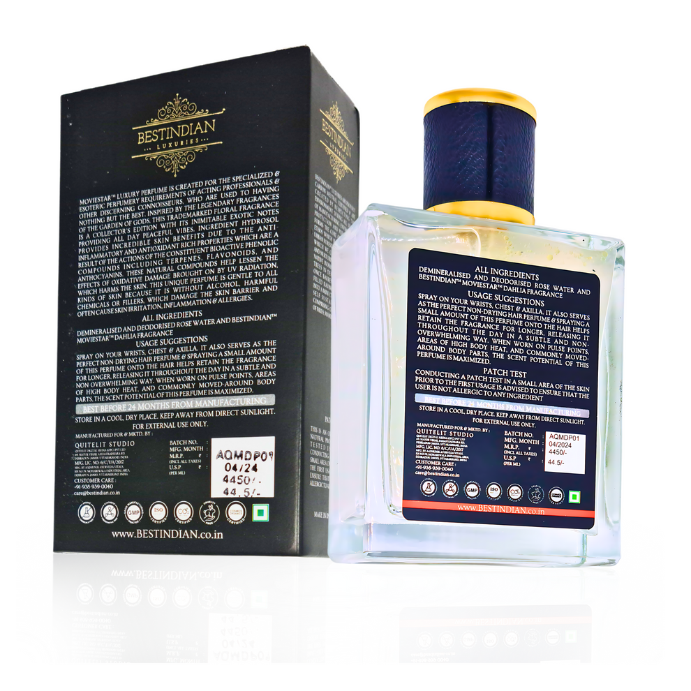 Back view of Moviestar™ Dahlia exotic floral perfume bottle and luxury box showing comprehensive ingredient details and certifications, emphasizing this alcohol-free EDP with rose water base, natural antioxidants, and sweet floral dahlia fragrance for both men and women.