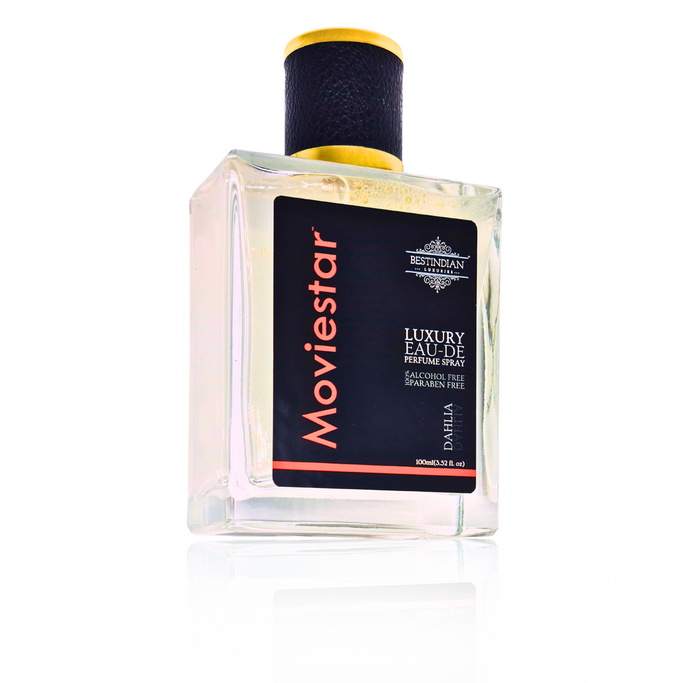 Side profile of Moviestar™ Dahlia unisex floral perfume bottle showcasing its luxury design and premium branding, highlighting this exotic dahlia fragrance with peaceful vibes, rose water base, and Himalayan-sourced ingredients for both men and women.