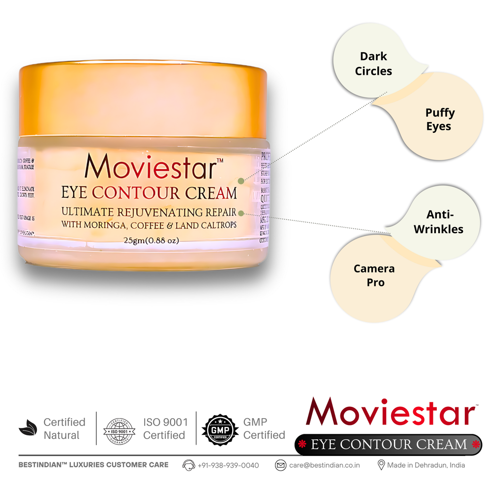 The Moviestar™ Eye Contour Cream by BestIndian, an anti-aging under eye cream that targets dark circles, puffy eyes, and wrinkles, with Camera Pro benefits for flawless, camera-ready skin.