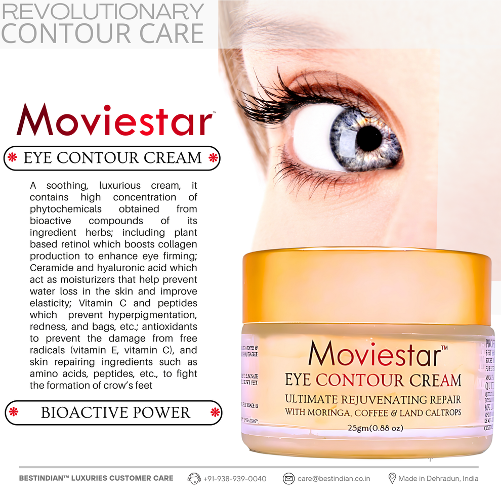 Moviestar™ Eye Contour Cream by BestIndian, shown with a focus on the eye area, highlighting its plant-based retinol alternative, ceramides, and peptides for revolutionary contour care and anti-aging.