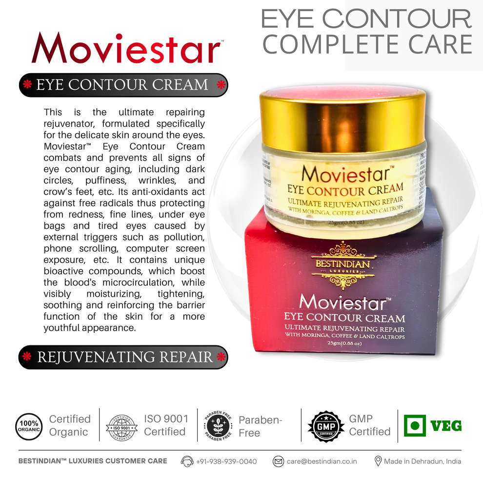 Jar and box of Moviestar™ Eye Contour Cream by BestIndian, the ultimate under eye rejuvenator for dark circles, puffiness, and crow’s feet, with antioxidants and barrier-repairing botanicals.