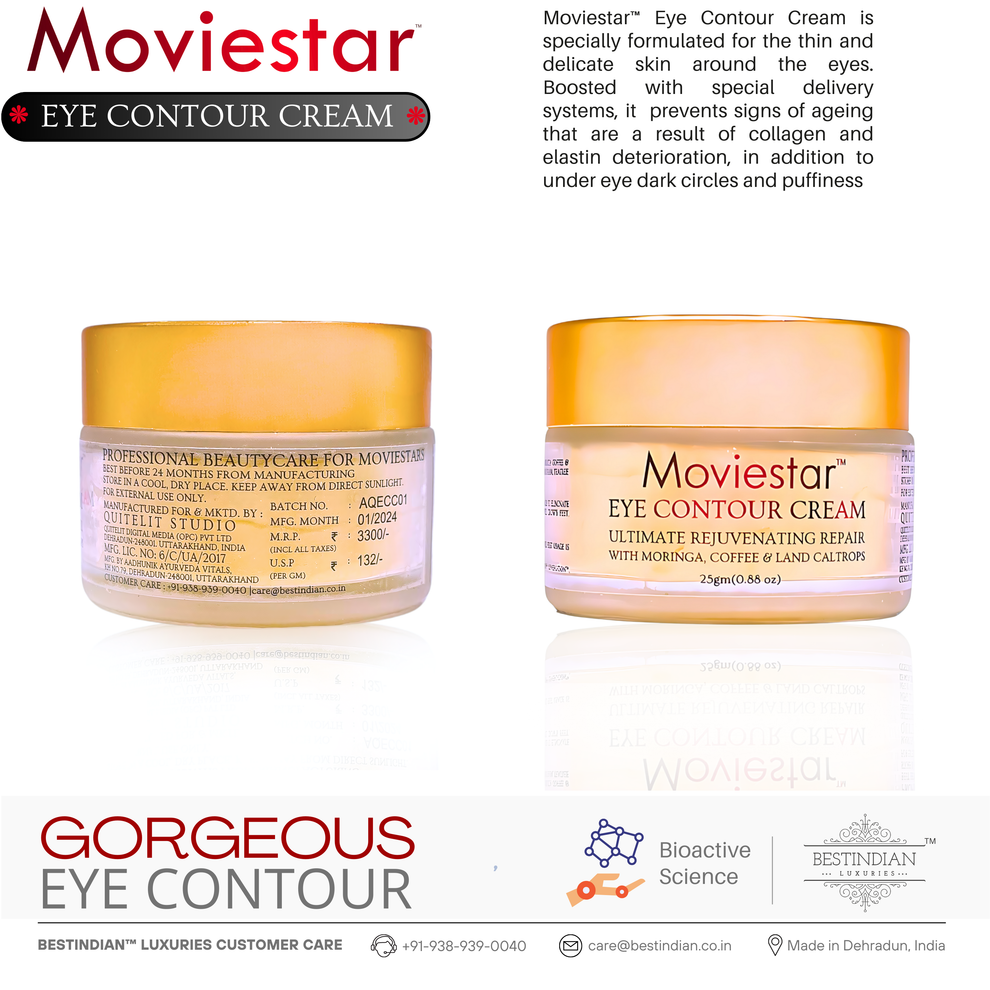 Front and back view of Moviestar™ Eye Contour Cream jars by BestIndian, an anti-aging eye cream for wrinkles and dark circles, offering professional under eye care and bioactive science.