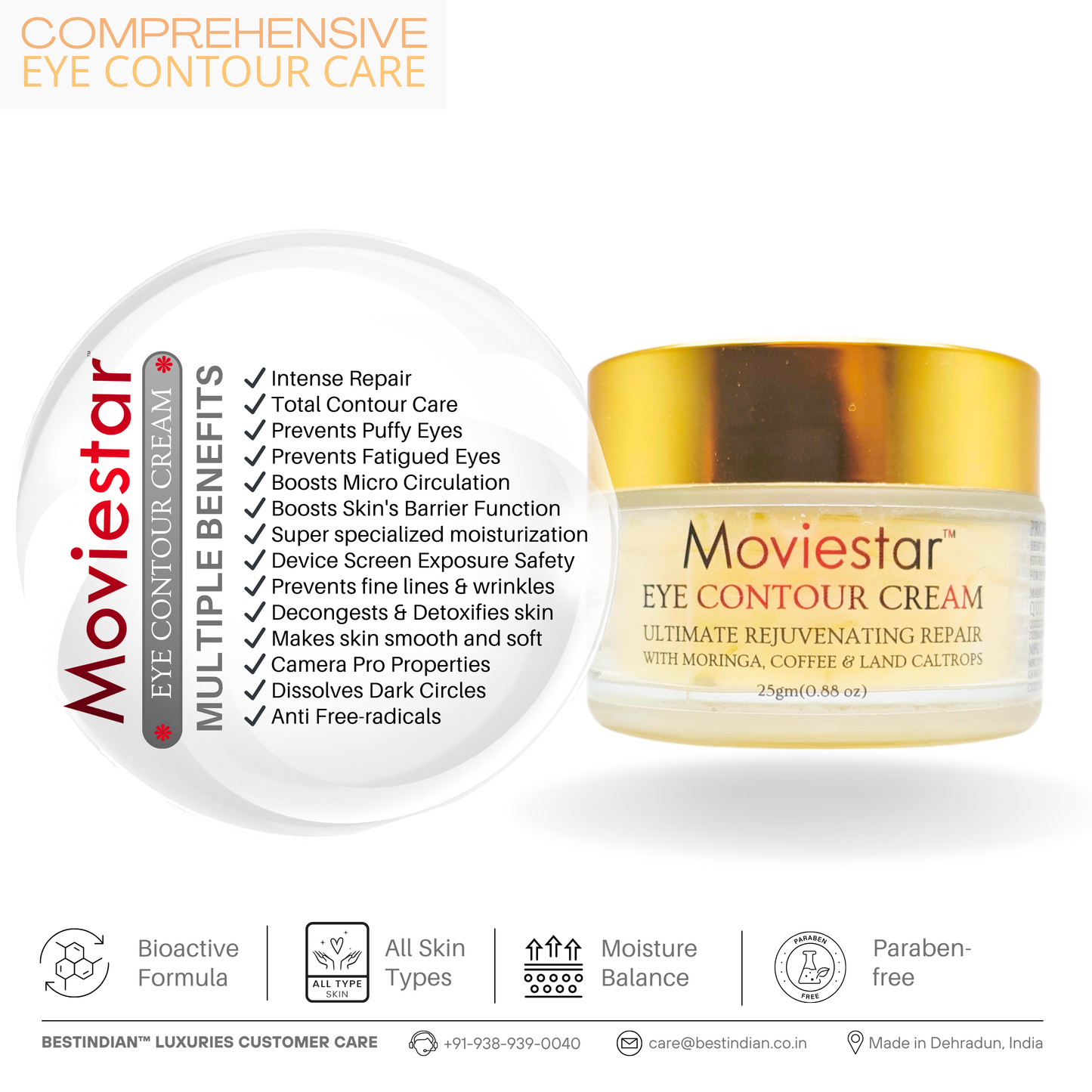 The Moviestar™ Eye Contour Cream by BestIndian, shown with a checklist of key benefits including intense repair, puffy eye prevention, microcirculation boost, screen fatigue protection, dark circle reduction, and camera pro properties for comprehensive under eye care.