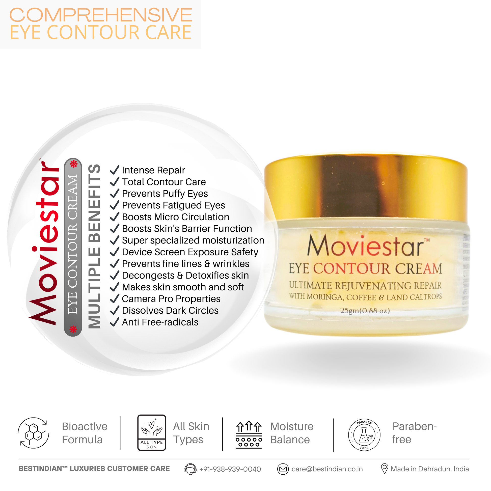 The Moviestar™ Eye Contour Cream by BestIndian, shown with a checklist of key benefits including intense repair, puffy eye prevention, microcirculation boost, screen fatigue protection, dark circle reduction, and camera pro properties for comprehensive under eye care.