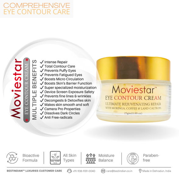 The Moviestar™ Eye Contour Cream by BestIndian, shown with a checklist of key benefits including intense repair, puffy eye prevention, microcirculation boost, screen fatigue protection, dark circle reduction, and camera pro properties for comprehensive under eye care.