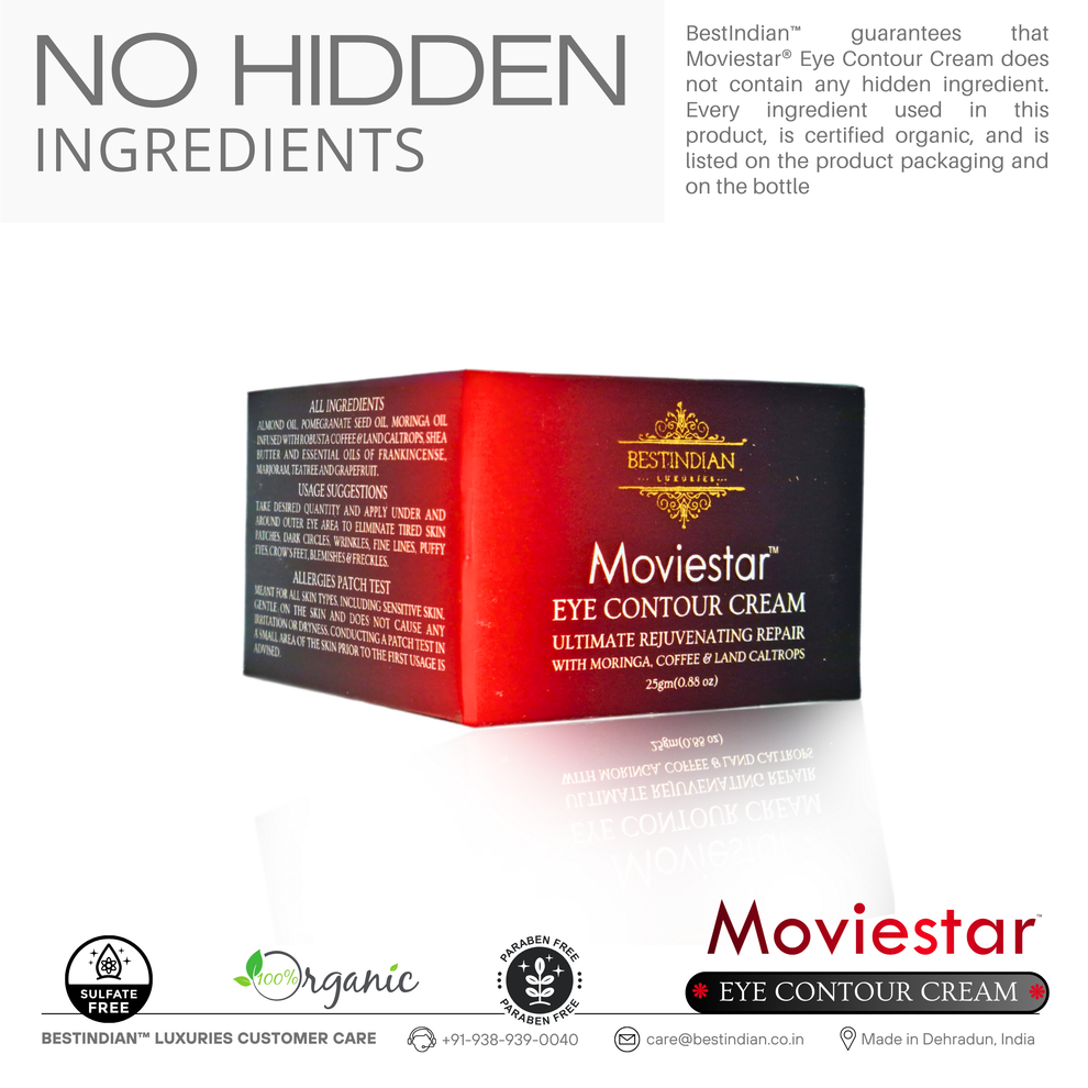 Moviestar™ Eye Contour Cream box by BestIndian, featuring a no hidden ingredients guarantee, listing all-natural, certified organic oils and botanicals for sensitive skin and anti-aging eye care.