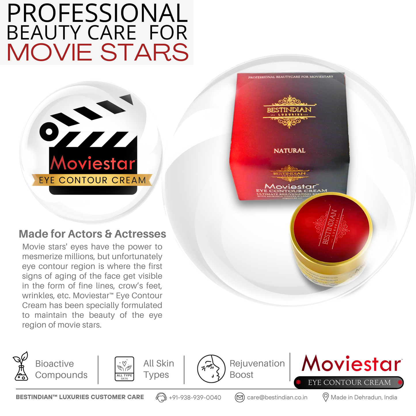 The Moviestar™ Eye Contour Cream by BestIndian with luxury packaging, a professional skincare solution formulated for actors and all skin types, providing rejuvenation and bioactive compounds.