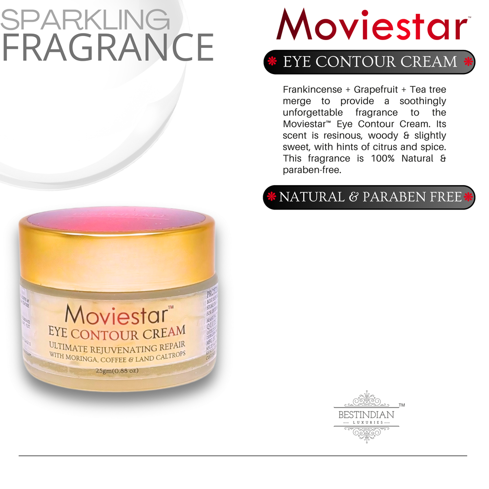 A jar of Moviestar™ Eye Contour Cream by BestIndian, featuring a natural, paraben-free formula with a sparkling fragrance of frankincense, grapefruit, and tea tree for gentle under eye care.