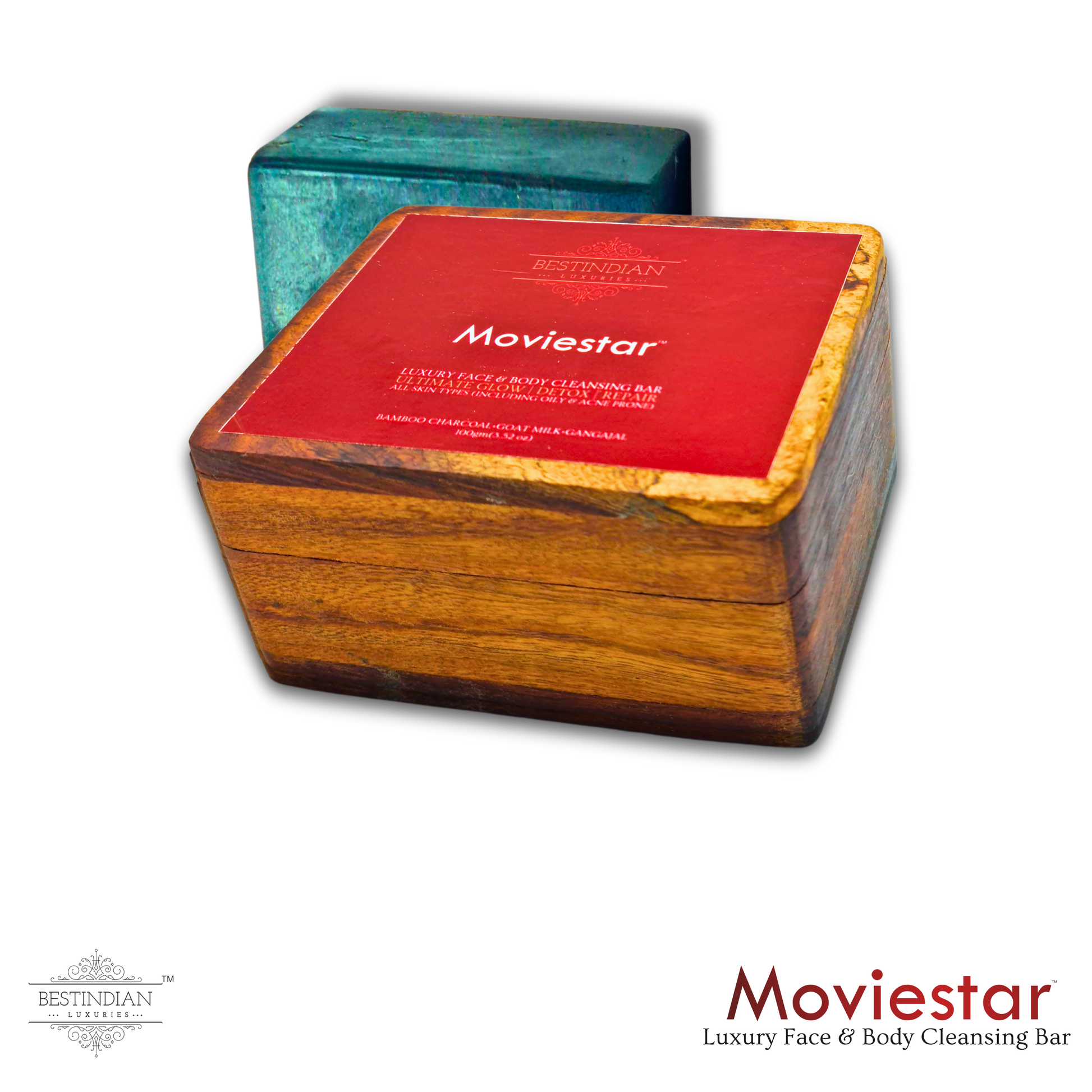 The Moviestar luxury face and body cleansing bar, showing the blue charcoal soap and its premium wooden packaging.