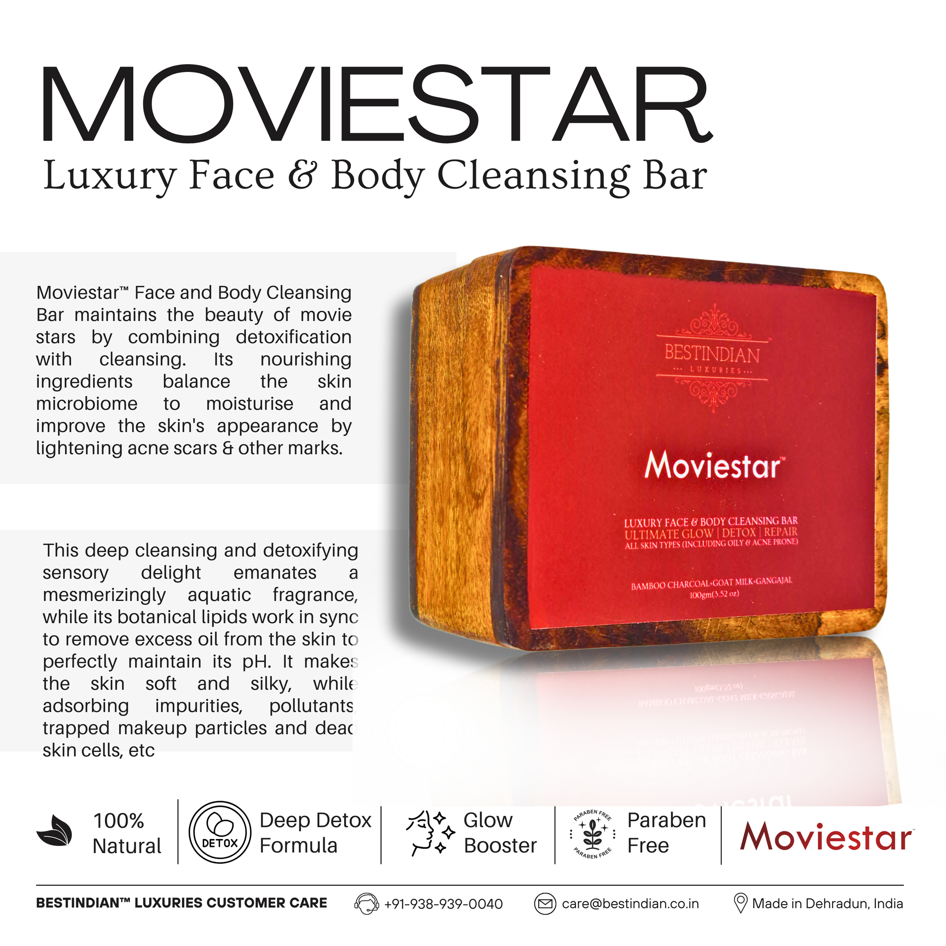 An infographic for Moviestar™ luxury face and body cleansing bar, highlighting its deep detox and glow booster formula.