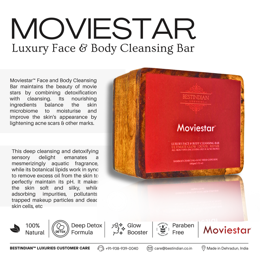 An infographic for Moviestar™ luxury face and body cleansing bar, highlighting its deep detox and glow booster formula.