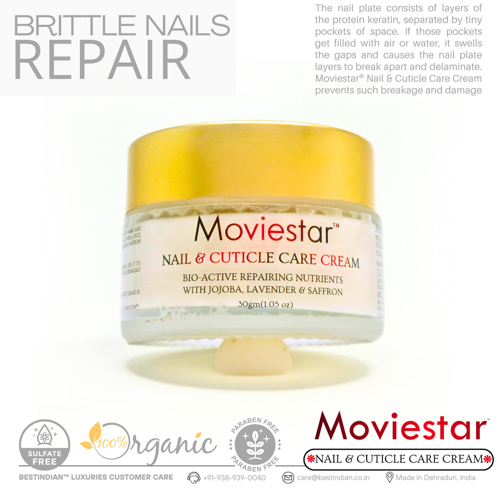 Moviestar™ Nail & Cuticle Care Cream by BestIndian, specially formulated as a treatment for brittle nails and cracked cuticles, offers powerful hydration and nail plate repair with an organic, paraben-free formula.
