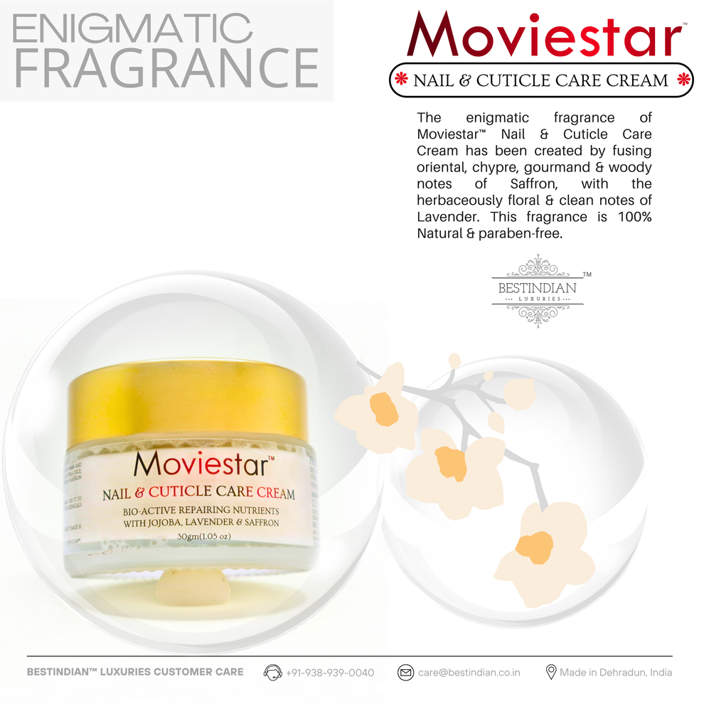 A jar of Moviestar™ Nail & Cuticle Care Cream by BestIndian, featuring an enigmatic paraben-free fragrance that blends saffron and lavender for a natural, luxurious pampering experience.