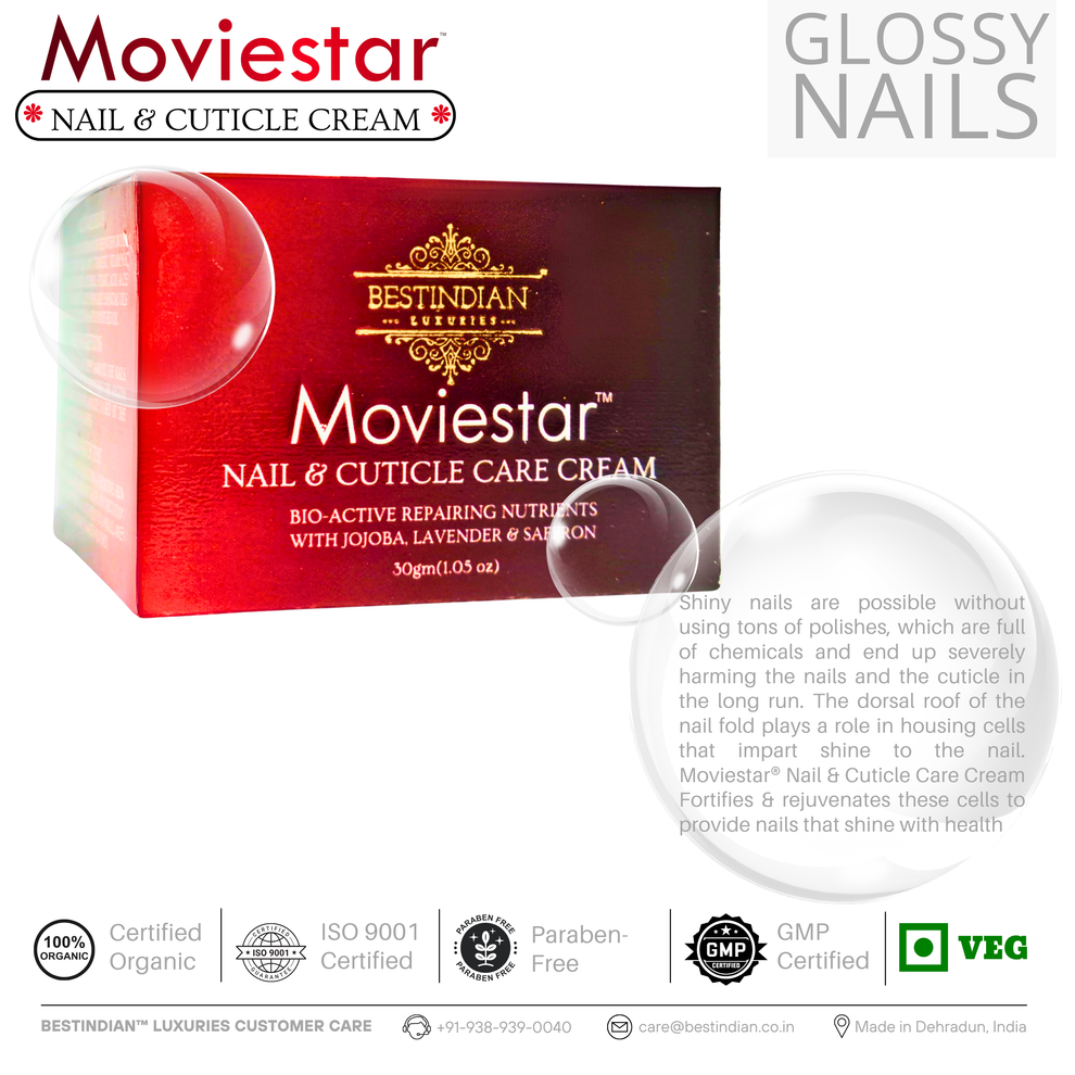 The Moviestar™ Nail & Cuticle Care Cream box by BestIndian, an organic formula designed for glossy, healthy nails without chemicals, offering bioactive nutrients and spa-like nail care.