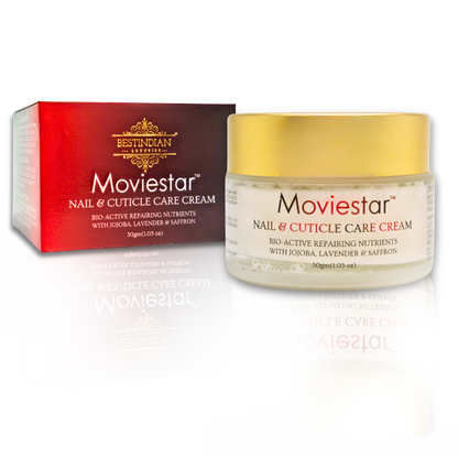 A luxury duo of Moviestar™ Nail & Cuticle Care Cream jar and box by BestIndian, a spa-like Ayurvedic formula with bioactive ingredients for glossy, strengthened, rejuvenated nails and cuticles.