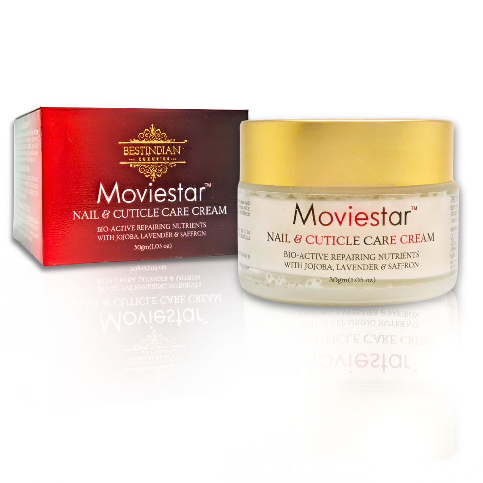 A luxury duo of Moviestar™ Nail & Cuticle Care Cream jar and box by BestIndian, a spa-like Ayurvedic formula with bioactive ingredients for glossy, strengthened, rejuvenated nails and cuticles.
