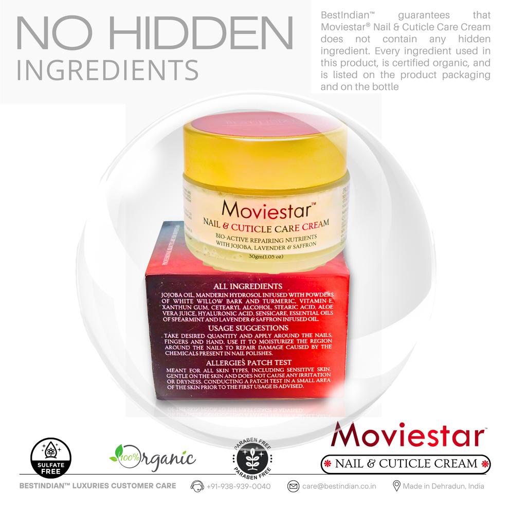 A jar and box of Moviestar™ Nail & Cuticle Care Cream by BestIndian, displaying a transparent ingredient list with certified organic oils and botanicals for safe, visible nail and cuticle health.
