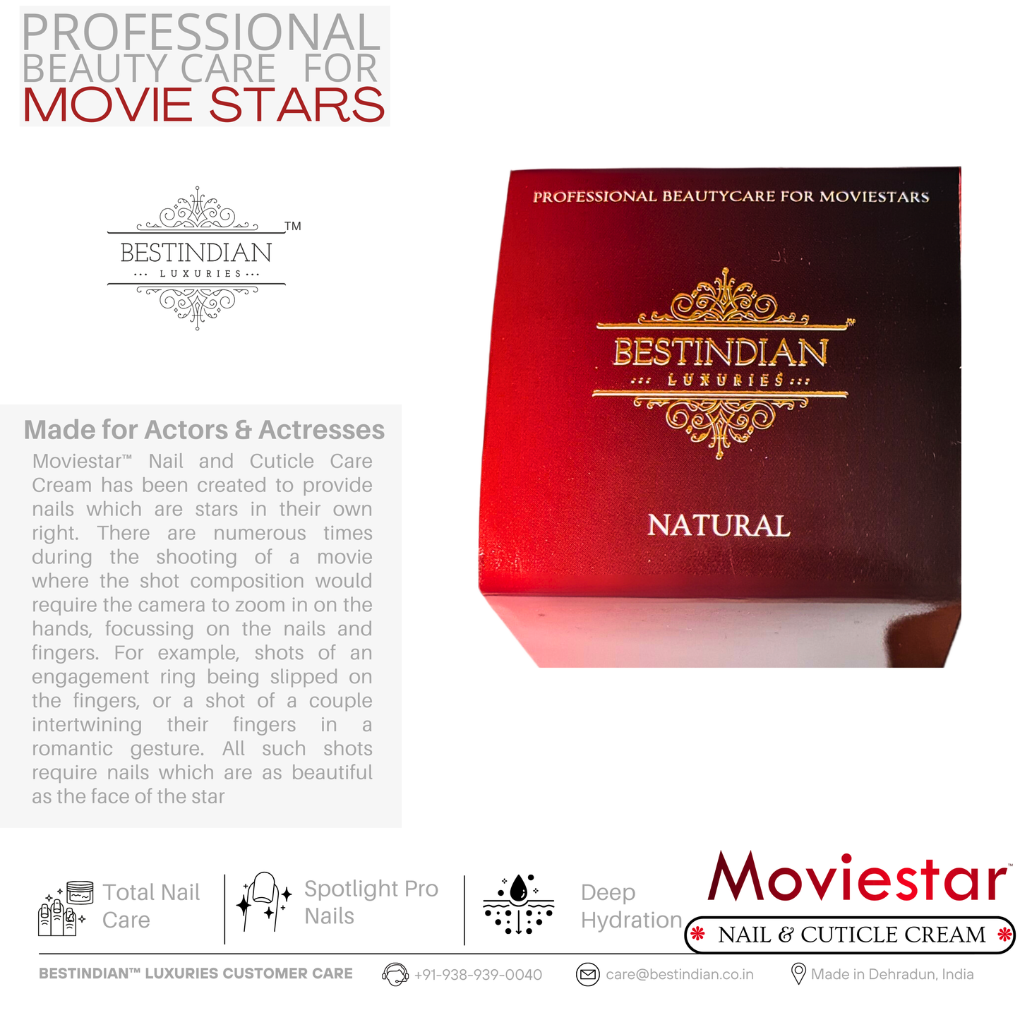 Professional beauty care packaging of Moviestar™ Nail & Cuticle Care Cream by BestIndian, emphasizing total nail care and deep hydration for spotlight-ready, healthy nails.